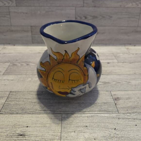 Talavera Other - Talavera Hand Painted Sun Celestial Pitcher Ceramic Art Mexican Pottery 5” Blue